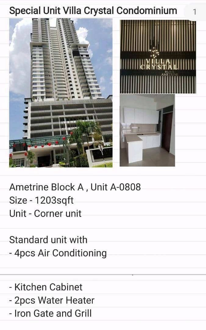 Villa Crystal, Segambut – 3R3B 1,203 sqft – For Sale RM560,000
